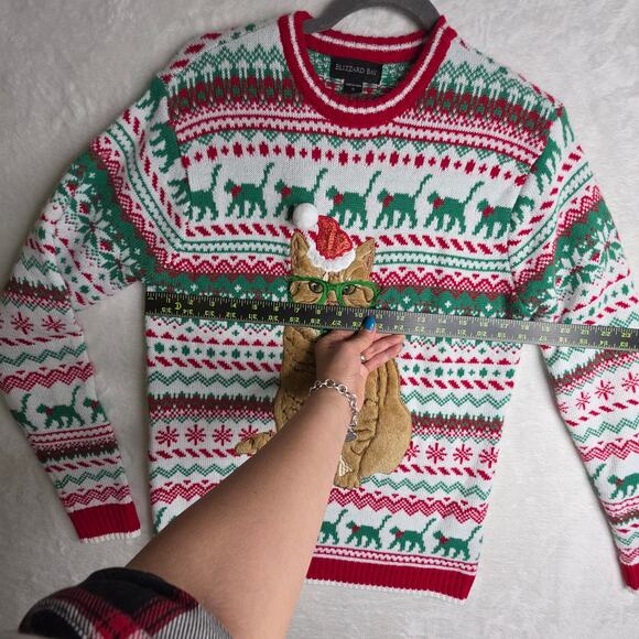 Cat Ugly Sweater Sm Santa Holidays Red Green Cat with Tie OrangeTabby Fun Unique - Picture 6 of 11